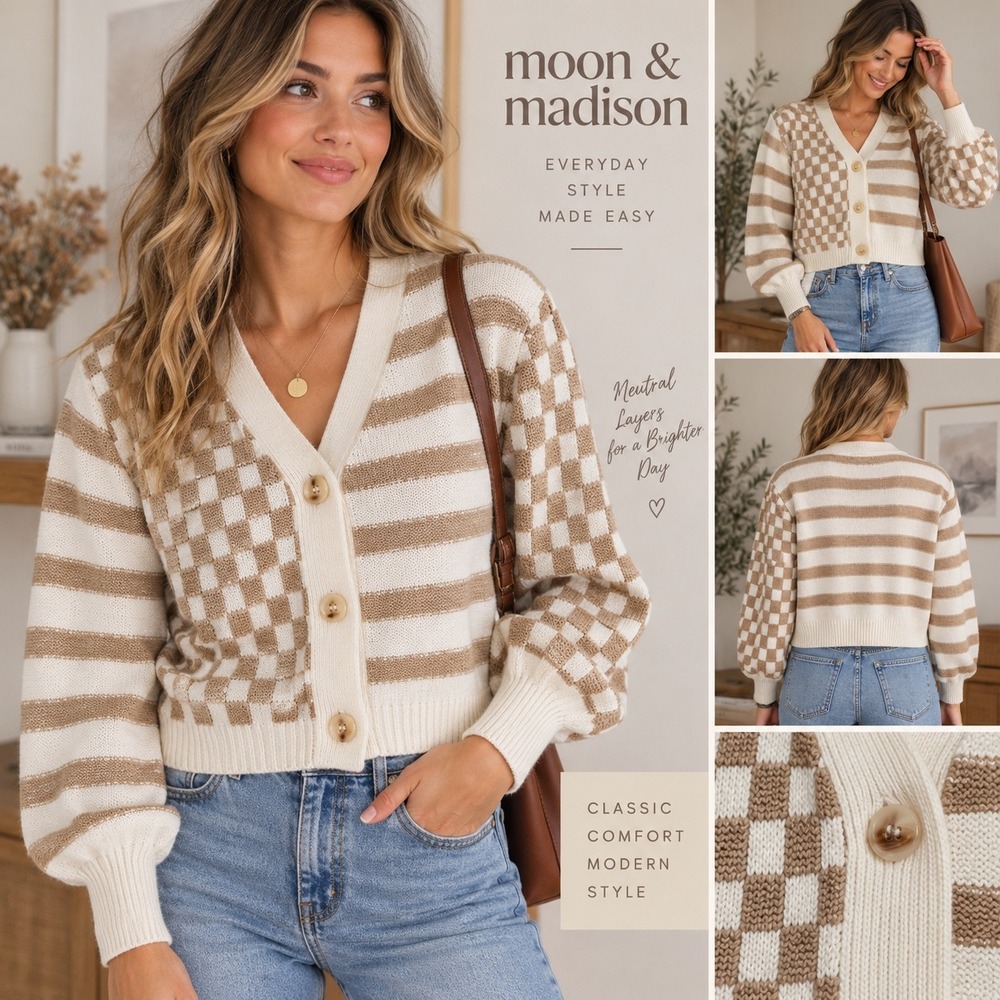 Moon & Madison Womens XS Cream Tan Checkerboard Stripe Cardigan Sweater Cropped